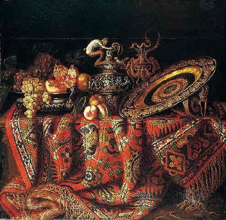 Jacques Hupin A still life of peaches, grapes and pomegranates in a pewter bowl, an ornate ormolu plate and ewers, all resting on a table draped with a carpet